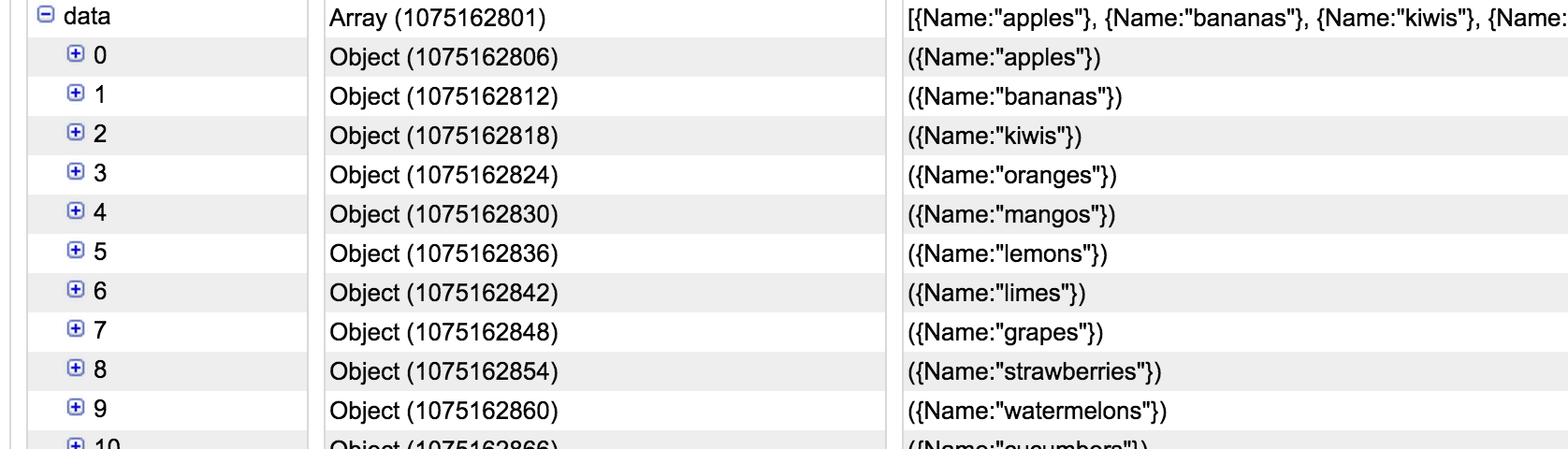screenshot of array in memory from debug tools